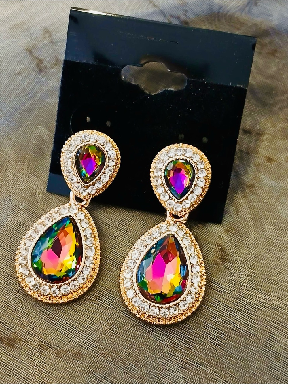 Gold-Tone Multicolor Teardrop Crystal Drop Earrings